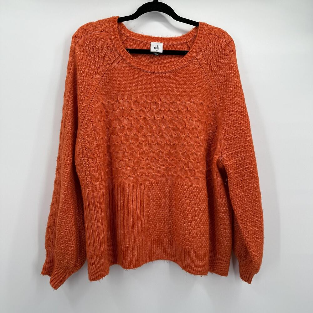Cabi Sweater Womens XL Orange Textured Cable Knit Crewneck Harvest Pullover Boxy